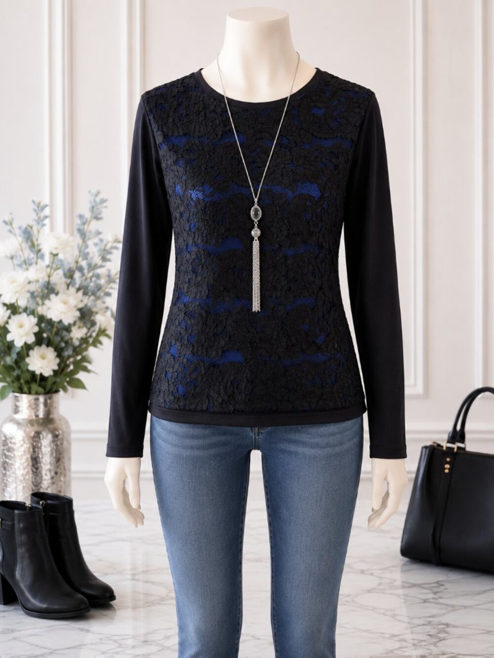 CJ Banks Black & Blue Lace Long Sleeve Top Size XL
